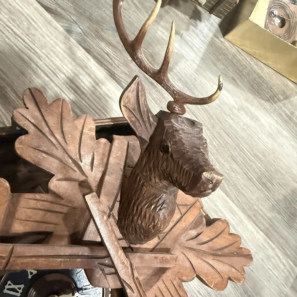 Vintage German Cuckoo Clock Black Forest Carved‎ Deer Hunter Rifles Wood Flaws